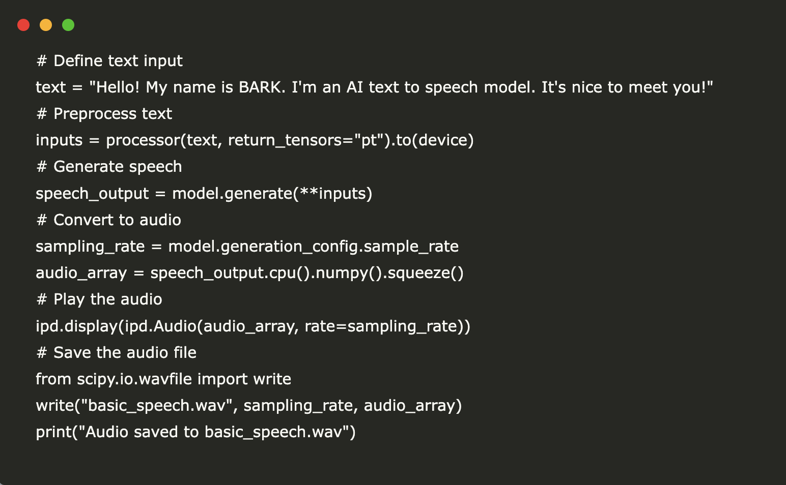 Implementación de TTS de texto a voz con Bark usando la biblioteca de Transformers de Hugging Face en un entorno de Google Colab